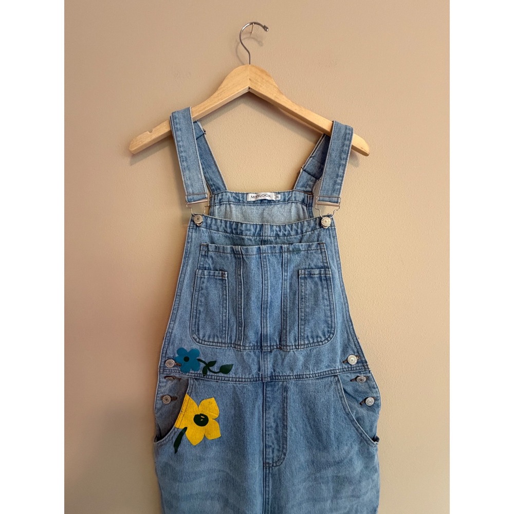 Floral Painted Denim Overalls Light Wash Boho Bib Jumpsuit Womens XL - Picture 6 of 10